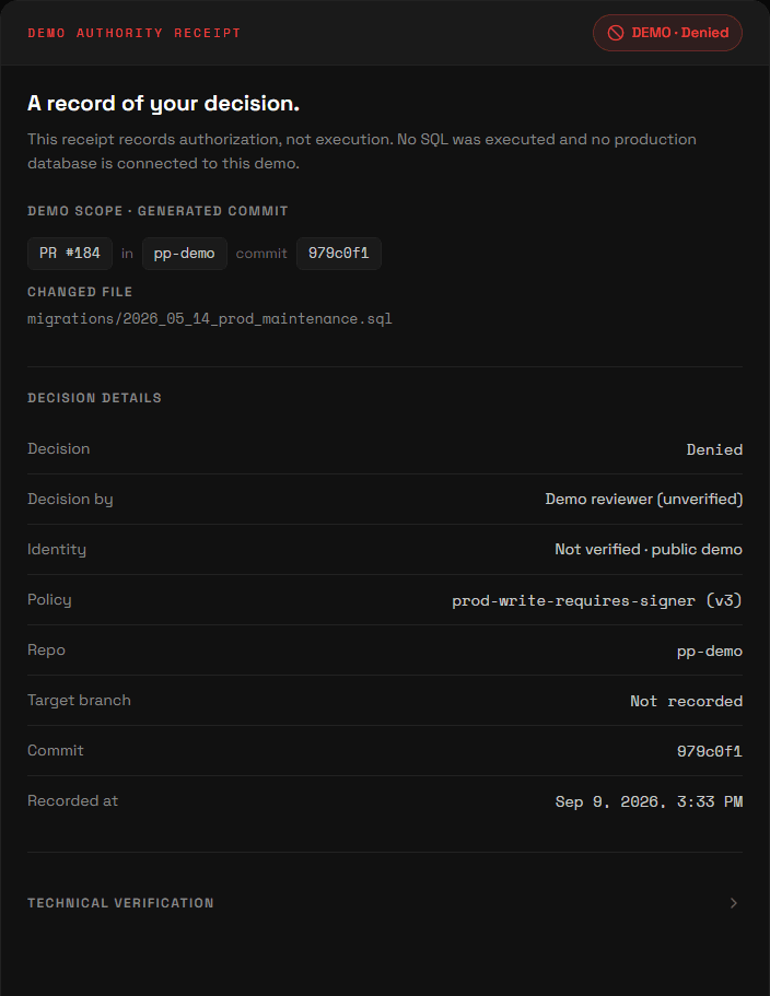 Receipt detail from the local demo, without the surrounding walkthrough. Permission Protocol signs the record. Demo attribution is unverified; this is not evidence of production execution.