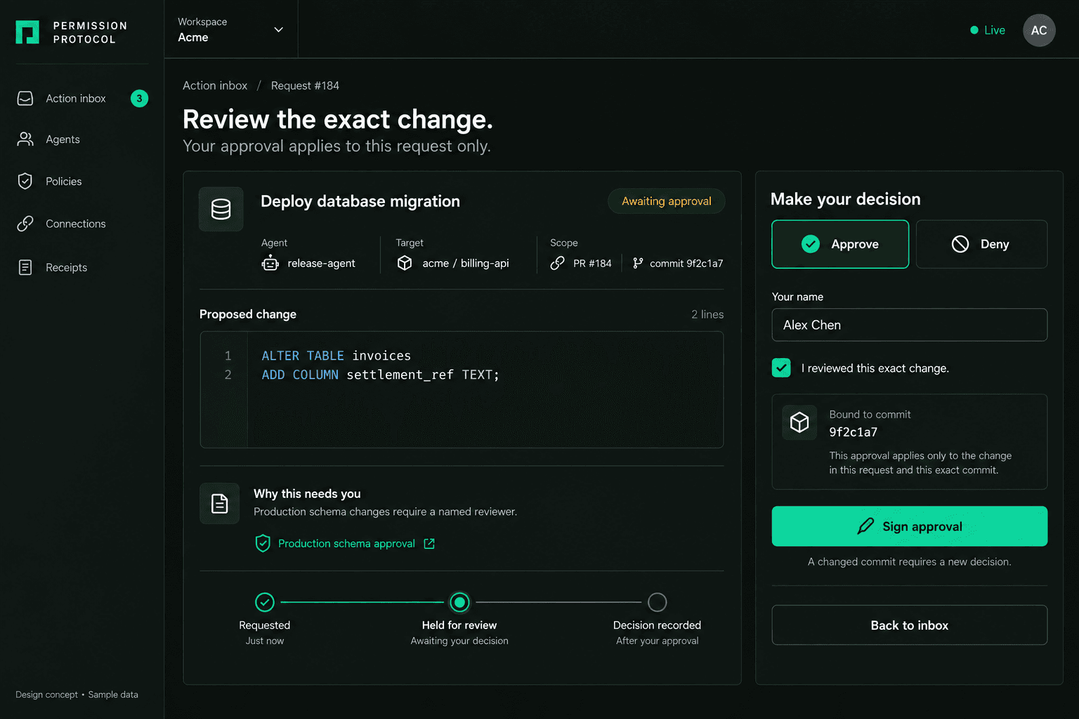 Potential approval interface showing a database migration, its exact commit and a named reviewer confirming the change before signing.